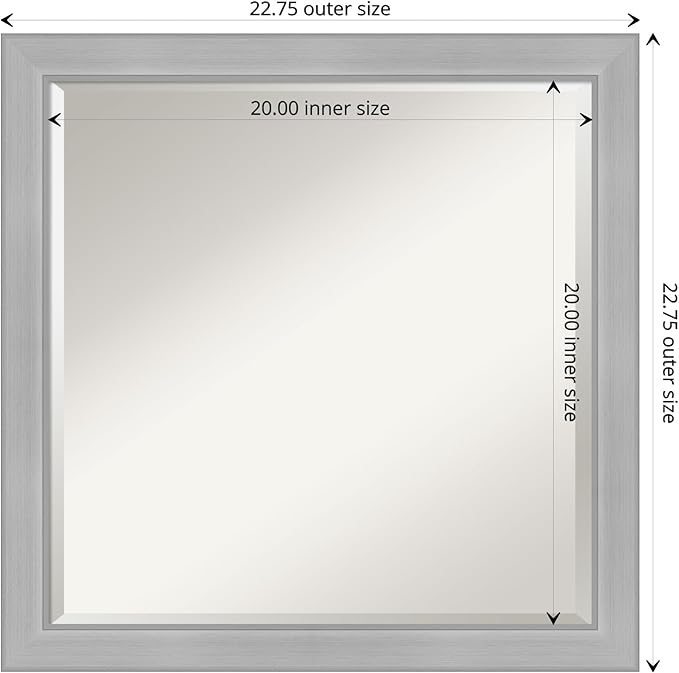 Amanti Art Silver Bathroom Mirror for Over Sink, 23x23 Vista Brushed Nickel Narrow Square Vanity Mirror, Medium Casual Frame, Hangs Horizonally and Vertically, Bathroom Wall Decor, Beveled Edge