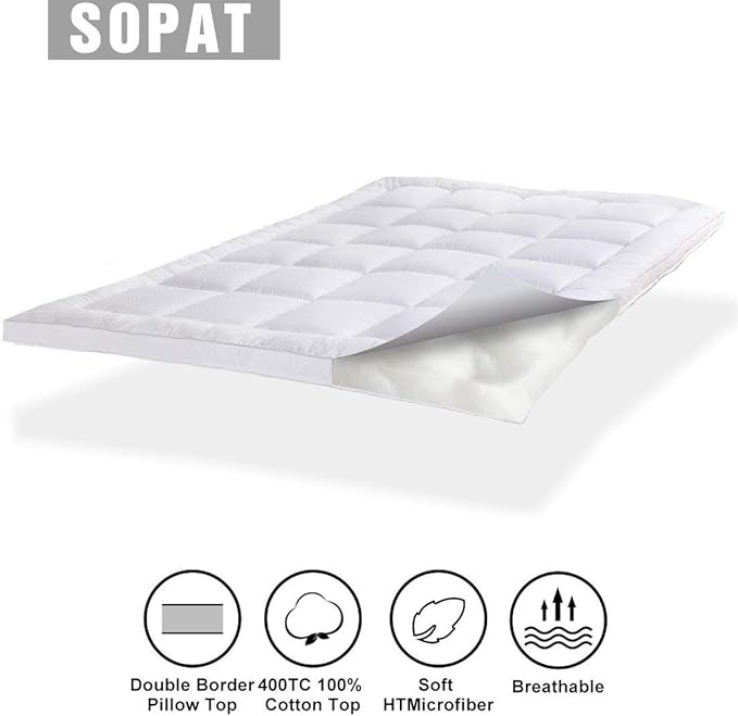 SOPAT Extra Thick Mattress Topper Twin XL 400TC Cotton Pillow Top Breathable Mattress Pad Protector with 8-22" Deep Pocket Soft Down Alternative Fill Mattress Cover (39x80 Inches, White)