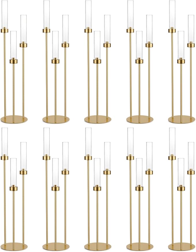 Vincidern 10pcs Gold 3 Arm Candelabra Taper Candle Holder for Table Centerpieces, 34in Tall Metal Candlestick Holder with Acrylic Lampshade for Wedding,Party,Holiday Christmas, Halloween Candelabra