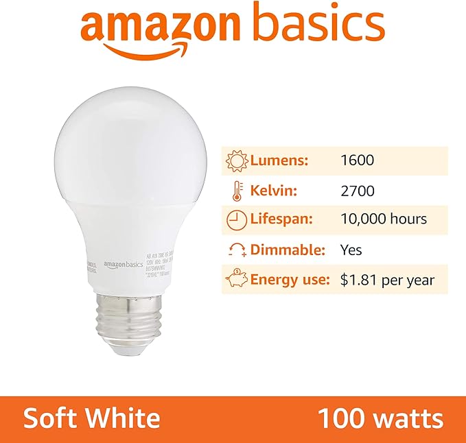 Amazon Basics A19 LED Light Bulbs, 100 Watt Equivalent, Energy Efficient 15W, E26 Standard Base, Soft White 2700K, Dimmable, 10,000 Hour Lifetime , 6-Pack