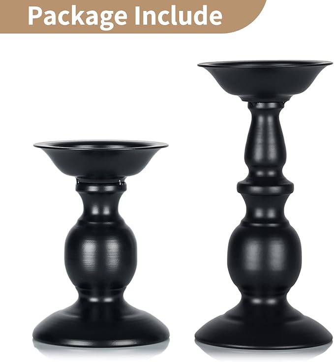 Nuptio Black Candle Holder for Pillar Candles - 2 Pcs Rustic Candle Holders Set Metal Candle Stand Tall Retro Fall Pillar Candleholder for Halloween Easter Farmhouse Fireplace Home Table Centerpiece