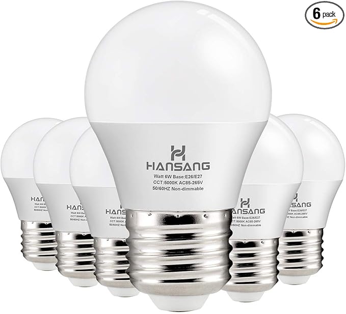 hansang A15 LED E26 Small Light Bulb, Daylight 5000K, 60Watt Equivalent Ceiling Fan Light Bulbs, E26 Standard Base Appliance Light Bulb, 600 Lumen, CRI85+, Eye Protection, 120V, Non-Dimmable 6 Pack