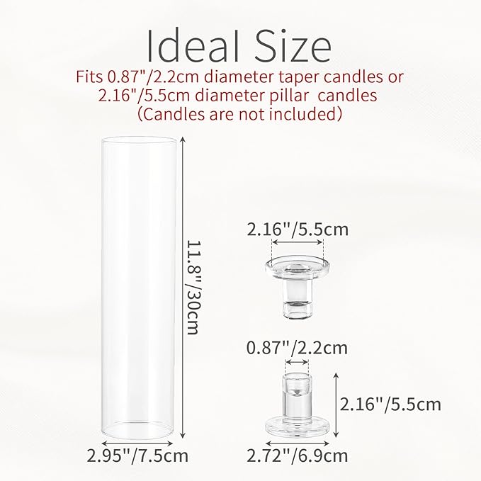 Glass Hurricane Candle Holder: 11.8" Tall Candlestick Holder Bulk with Cylinder Windproof Cover Set of 6 Clear Taper Candle Holders for Wedding Party Birthday Christmas Decor