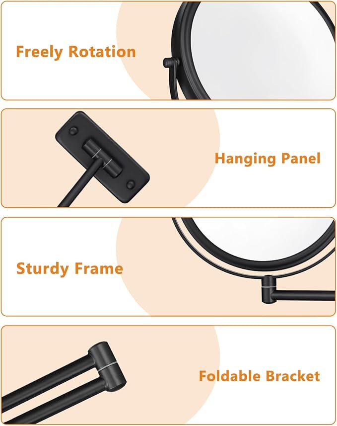 Wall Mounted Makeup Mirror - 1X/10X Magnifying Mirror for Wall, 8 Inch Double Sided 360° Swivel Extendable Bathroom Mirror for Shaving, Black
