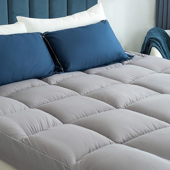 Marine Moon King Mattress Topper Cooling Extra Thick Plush Pillow Top Mattress Pad Hotel Quality Down Alternative for King Size Bed, Soft Bed Toppers for Back Pain, Grey