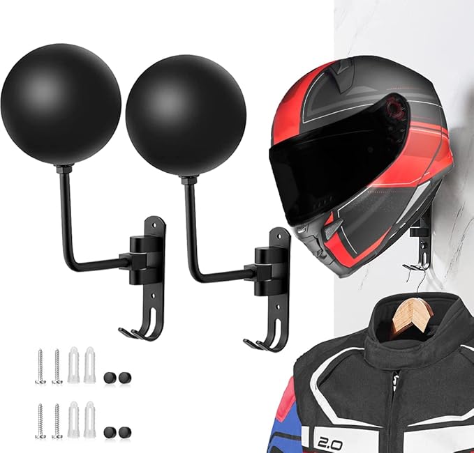 SANGMO 180° Motorcycle Helmet Rack, Rotation Metal Helmet Holder Wall Mounted Helmet Rack Motorcycle with 2 Hooks Helmet Hanger for Motorcycle Bike Coats, Caps, Baseballs and Rugby Helmet (2 Pack)