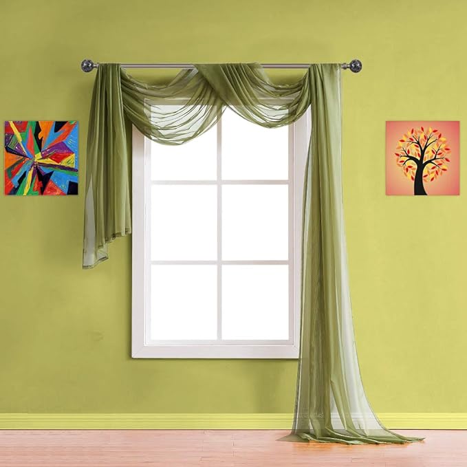 Warm Home Designs 30 Feet Long Sheer Sage Green Window Scarf. These XXL Length Valance Window Scarves 54 X 360 Inches in Size. Great as Bed Canopy or Wedding Arch Draping Fabric. AM Sage 360"
