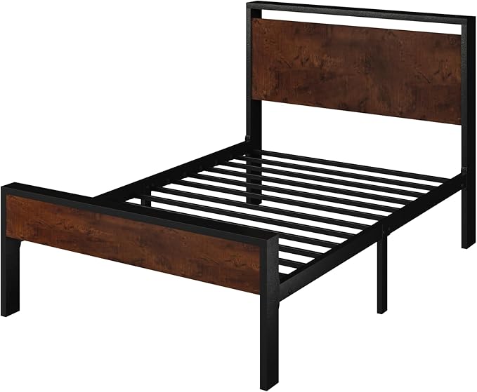 SHA CERLIN 14 Inch Twin Size Metal Platform Bed Frame with Wooden Headboard and Footboard, Mattress Foundation, No Box Spring Needed, Large Under Bed Storage, Heavy Duty Slats Support, Mahogany