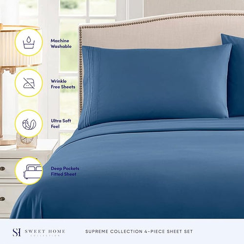1800 Supreme Collection - Breathable Luxury California King Sheet Set with Full Elastic & Secure Corner Straps Built In - Cal King Deep Pocket Denim Bedding Set