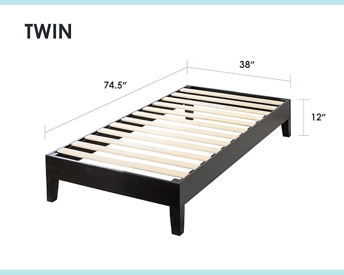 Mellow Naturalista Grand 12 Inch Solid Wood Platform Bed with Wooden Slats, Easy Assembly, Twin, Black