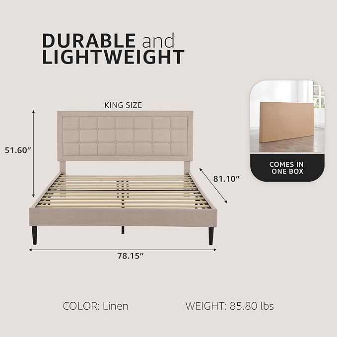 Decoro Mornington Upholstered 2.0 Platform Bed, Button-Tufted Fabric Headboard and Metal Frame with Wood Slat Support, Linen, King