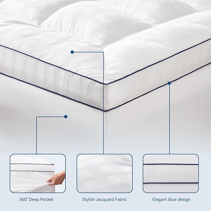 ELEMUSE Full Cooling Mattress Topper, Extra Thick 1300gsm Mattress Pad for Back Pain Relief, Plush 500TC Cotton Pillow Top with Deep Pocket, Overfilled with Mixed Advansa Down Alternative Filling