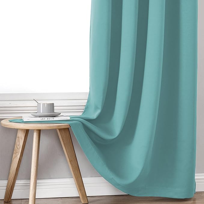 ChrisDowa 100% Blackout Curtains 95 inch Long for Bedroom with Black Liner, 2 Thick Layers Total Blackout Thermal Insulated Grommet Window Curtains 2 Panels Set (Aqua, 52 x 95 Inch)