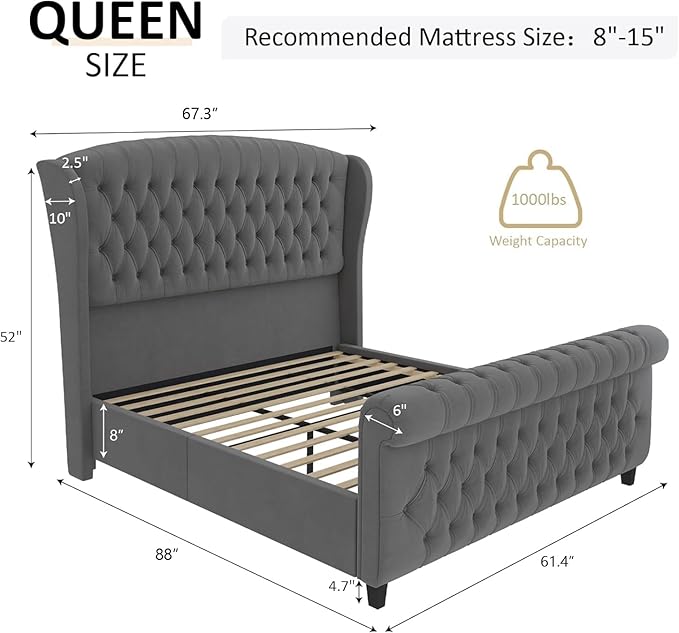 AMERLIFE Queen Size Platform Bed Frame, Velvet Upholstered Sleigh Bed with Scroll Wingback Headboard & Footboard/Button Tufted/No Box Spring Required/Grey