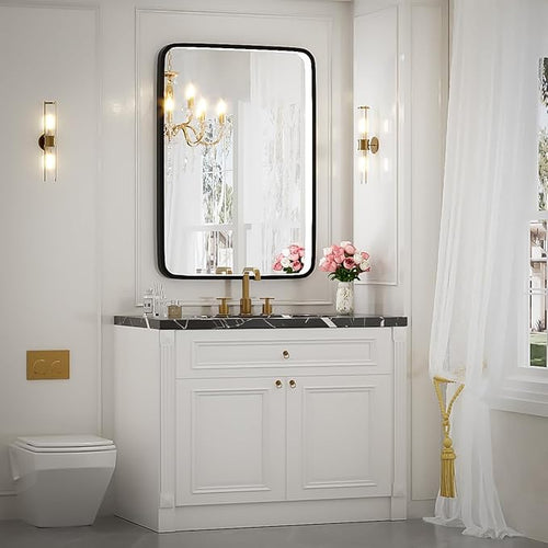 20X28 Inch LED Bathroom Mirror with Lights,Wall Mounted Lighted Mirrors with Non-Rusting Black Metal Frame Anti-Fog Memory Funtion Stepless Dimmable,6000K(Horizontal&Vertical)
