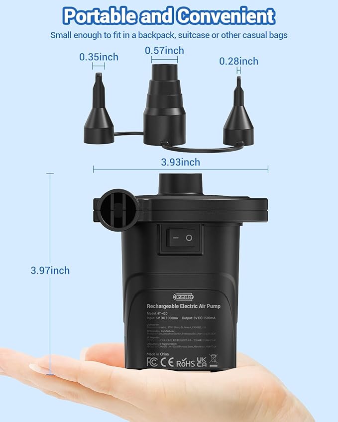 Dr.meter Air Pump for Inflatables, Rechargeable 4000mAh Battery Air Mattress Pump - Portable Quick-Fill Inflator Deflator for Outdoor Camping Inflatable Pool Float Boat Raft Yoga Ball Swim Ring Airbed