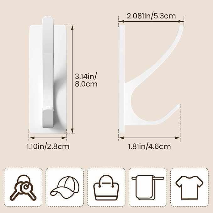 Self Adhesive Coat Hooks for Hanging, Heavy Duty Stainless Double Wall Hook for Towel, Backpack, Hat, Sturdy Metal Hanger for Bathroom, Bedroom, Door, Wall Mounted, 6 Pack, White