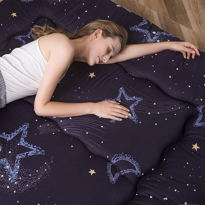 MAXYOYO Japanese Futon Mattress Floor Mattress Sleeping Pad Foldable Bed Roll Up Camping Cushion Floor Lounger Bed Couches and Sofas Couch Topper, Moon and Star, Queen Size