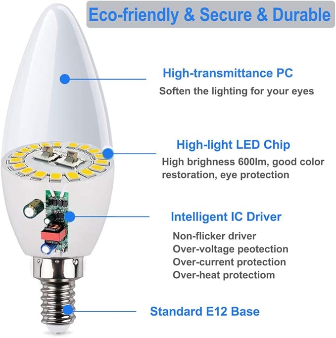 Vinaco E12 LED Bulb, 6 Pack E12 Candelabra Bulb 60 Watt Daylight White 5000K, High Brightness 600LM & 25000+ Long Lifespan E12 Bulb, E12 Candelabra Base, Light Bulb for Ceiling Fan Light Bulb…