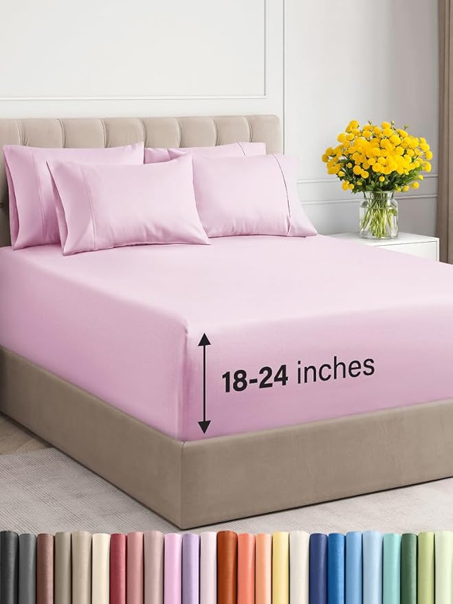 Extra Deep Full Sheet Set - 6 Piece Breathable & Cooling Sheets - Hotel Luxury Bed Sheets Set - Easy & Secure Fit - Soft, Wrinkle Free & Comfy Sheets Set - Light Pink Sheet Set with Extra Deep Pockets