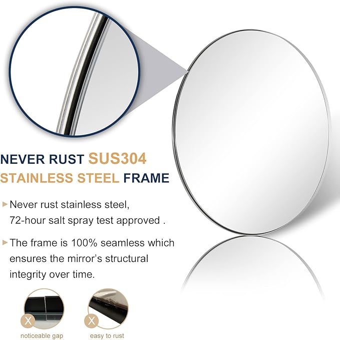 ANDY STAR Round Bathroom Mirror, 24’’ Polished Chrome Round Bathroom Mirrors in Stainless Steel Metal Frame 1" Deep Set Design 7