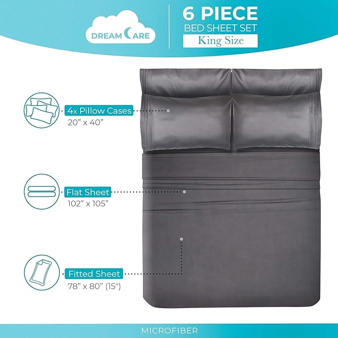 DREAMCARE California King Sheet Sets – 6 pcs Cooling Bed Sheets – up to 15” Deep Cal King Sheets – 2500 Supreme Collection – Extra Soft 100% Brushed Microfiber Hotel Luxury with Side Pocket – Gray