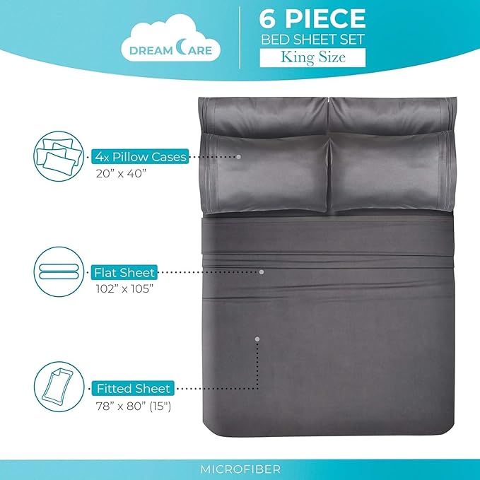 DREAMCARE King Size Sheets Set – 6 pcs Cooling Bed Sheets – up to 15” Deep Pocket King Sheet Set – 2500 Supreme Collection – Extra Soft 100% Brushed Microfiber Hotel Luxury with Side Pocket – Gray
