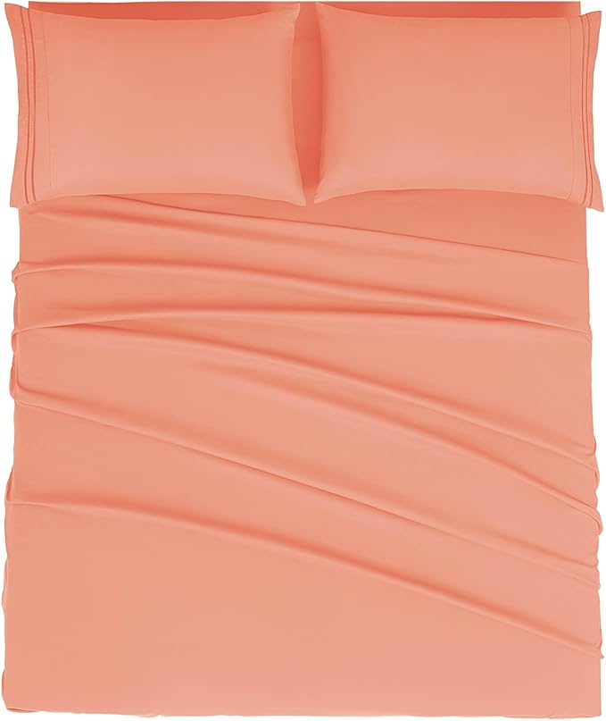 Mejoroom King Size Bed Sheet Set - Hotel Luxury 1800 Bedding Sheets & Pillowcases - 16" Deep Pocket Fitted Sheet, Soft, Breathable, Wrinkle & Fade Resistant - 4 Piece(King, Coral)