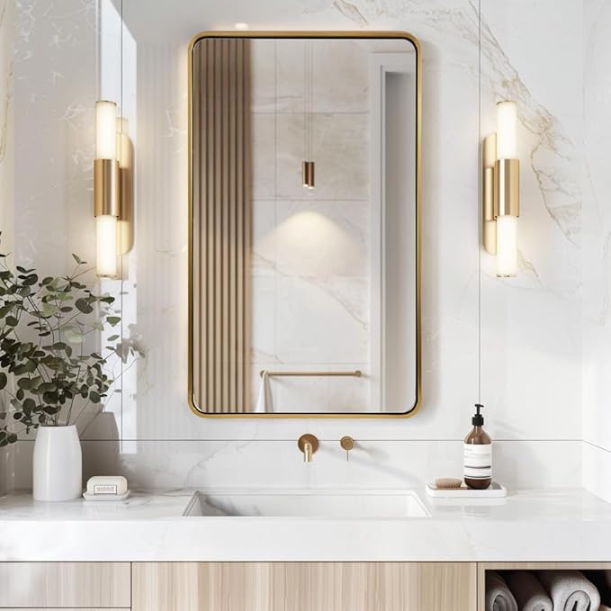 ANDY STAR 24x40 Inch Gold Bathroom Mirror, Rounded Rectangle Mirror, Brushed Brass Bathroom Vanity Mirror Oblong Tube Metal Framed, SUS304-Anti-Rust, Wall-Mounted Horizontal/Vertical 1’’ Deep