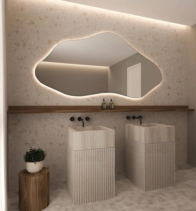 Asymmetrical Bathroom LED Mirror, Modern Irregular Shape Wall Mirror with LED Lights, Frameless Aesthetic Backlit LED Illimunated Vanity Mirror (60" x 30" inc)