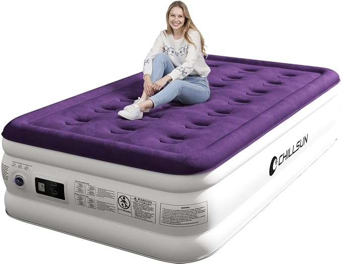 CHILLSUN Twin Air Mattress Inflatable Airbed with Built in Pump, 3 Mins Quick Self-Inflation, Comfortable Top Surface Blow Up Bed for Home Portable Camping Travel, 75x39x18'', 550 lb MAX