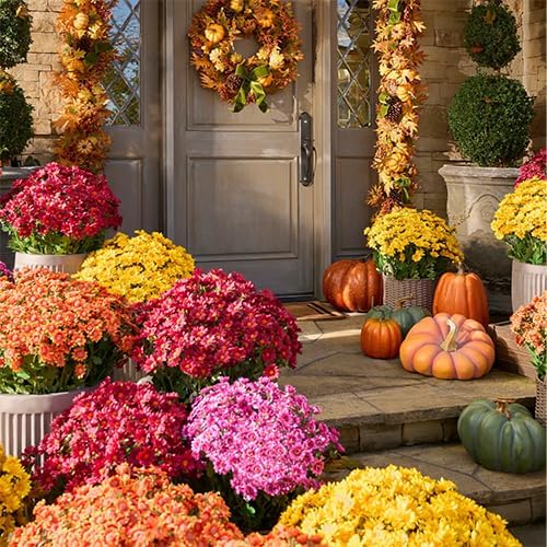 Artificial Mums for Outdoors, Faux Sunset Mum Flowers Planters for Indoor Outside Decor, Fake Look Real, Vibrant, UV Resistant, Waterproof, Windproof (White, 10 Bundle)