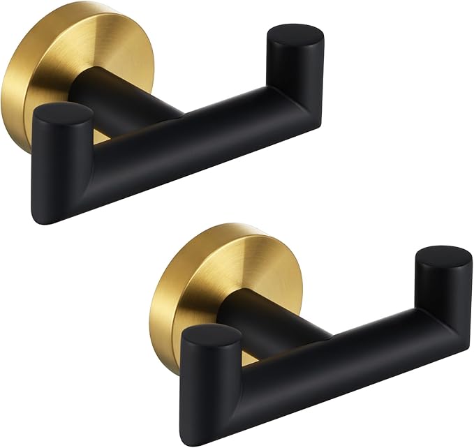 Angle Simple Towel Double Hook Black & Gold, 2 PCS Stainless Steel Bathroom Towel Holder, Dual Robe Coat Hook for Wall