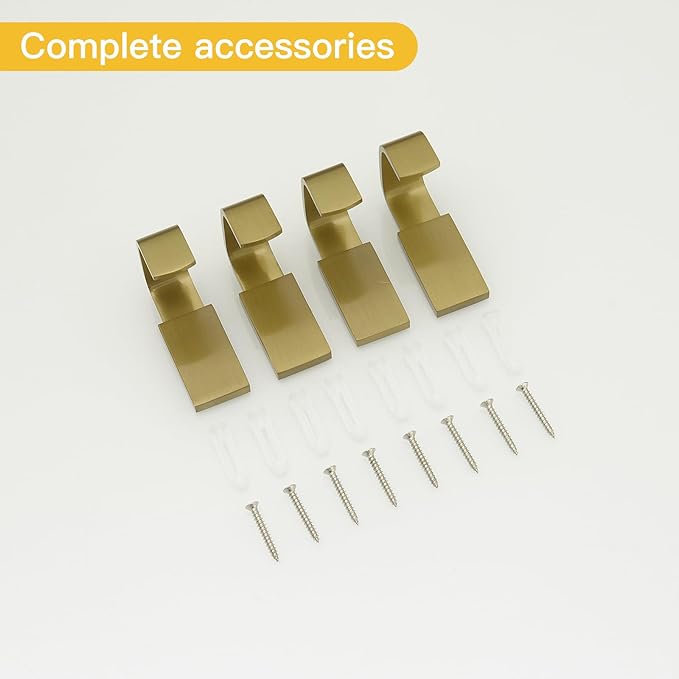 BESy Brass Clothes Hook Single Towel Hook for Bathroom Kitchen Garage Square Style Robe Hooks Coat and Hat Hook, Self Adhesive with Glue or Wall Mounted with Screws, Four Packs, Brushed Gold