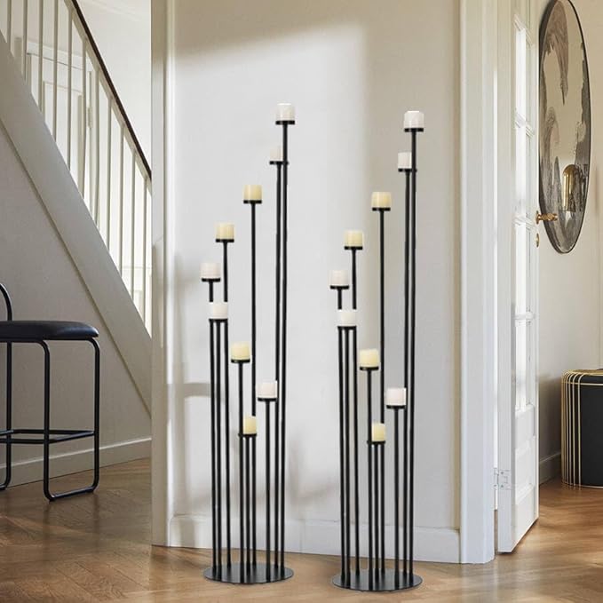 Black 9 Arm Floor Candle Holder Candelabra for Home Decor, Weddings, Dinner Parties Formal Events