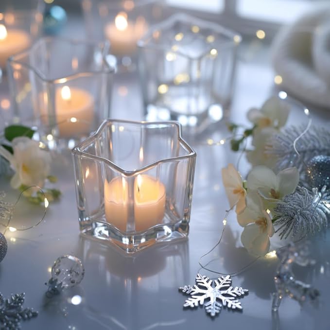 Letine 8pcs Clear Star Tea Light Candle Holders - Glass Votive Holders for Diwali, Wedding Centerpiece, Fall & Holiday Decor - Lucky Star Jar Starlight Vessels (2.44" H, 1.45" Base)