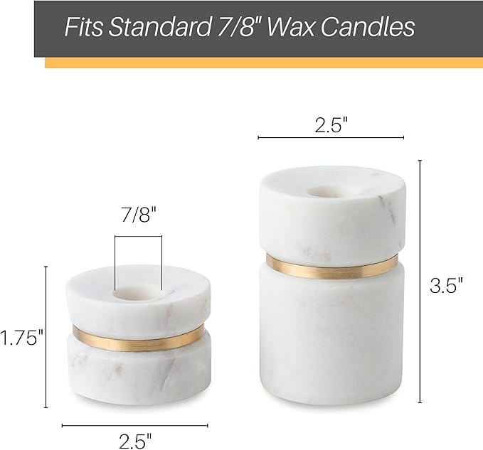 Cork & Mill Taper Candle Holders for Candlesticks, Set of 2 Handcrafted White Marble and Gold Brass Candle Stick Holders, Modern Centerpiece for Dining Table Decor or Mantle