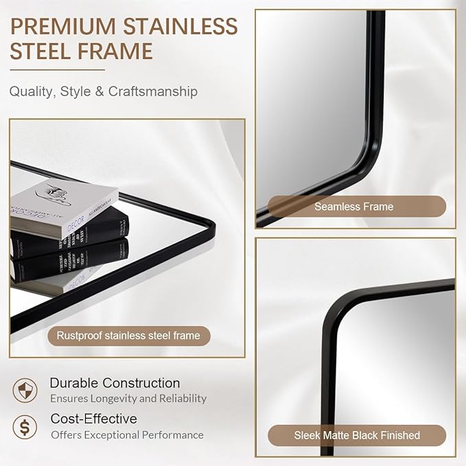 ANDY STAR 30x36’’ Bathroom Mirrors for Wall, Matte Black Bathroom Vanity Mirror, Contemporary Rounded Rectangle Mirrors Wall Mounted in Tube Metal Frame, Hang Horizontal/Vertical 1’’ Deep