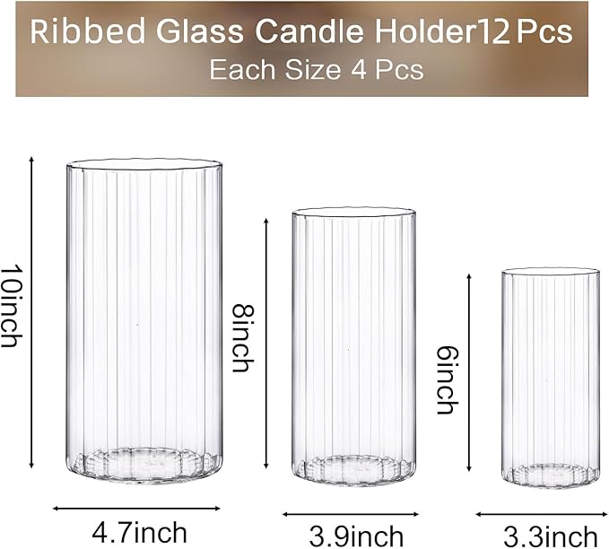 yshengood 12 Pcs Ribbed Hurricane Glass Candle Holders Glass Cylinder Candle Holder for Pillar Candle Floating Candle Holder