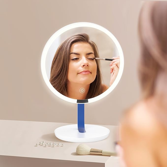 9.65-inch Lighting Makeup Mirror, 1x / 10x,Touch Control,3-Color Adjustable,Metal Stand,up and Down Adjustable Makeup Mirror, High Color Rendering, Eye-Protecting Light Source,Ultramarine