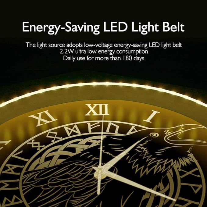 Geek Alerts Voice Control LED Lighting Clock, Cawing Black Crow with Roman Numerals Wall Clock Viking Odin Raven with Scandinavian Runes Silent Sweep Watch