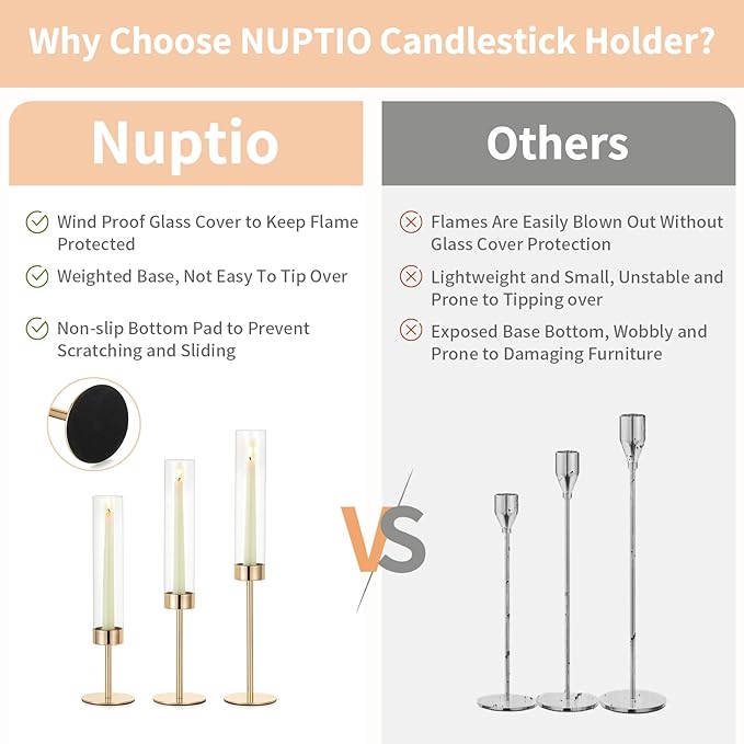 NUPTIO Hurricane Candle Holder for Candlestick: 6 Pcs Gold Taper Candlestick Holders - Tall Modern Candles Stick Decor with Cylinder Shape Cover for Dinner Table Centerpiece