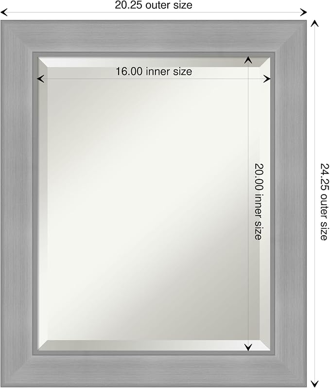 Amanti Art Silver Bathroom Mirror for Over Sink, 24x20 Vista Brushed Nickel Rectangle Vanity Mirror, Small Casual Frame, Hangs Horizonally and Vertically, Bathroom Wall Decor, Beveled Edge