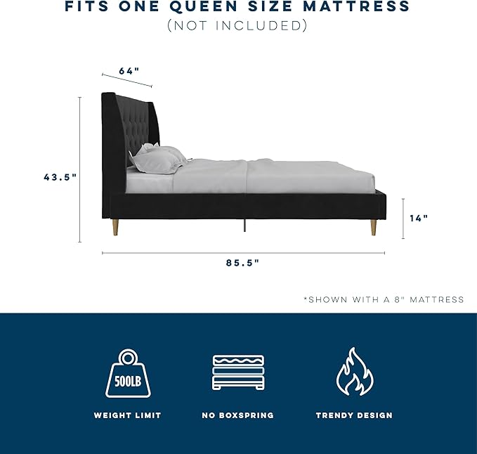 Novogratz The Her Majesty Upholstered Bed, Queen, Black Velvet
