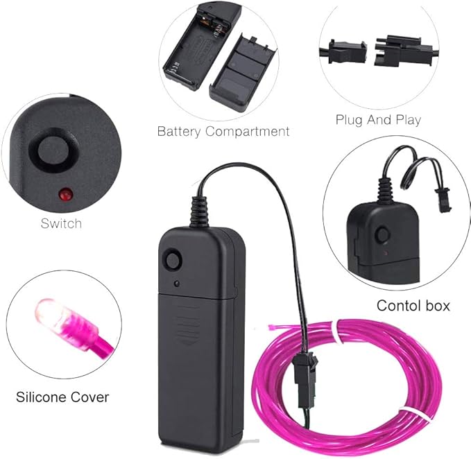 MaxLax EL Wire Purple, 16.4ft/5m Portable Battery Pack Neon Light Strip 360° Cuttable Glowing Rope Lights for Parties, Halloween, DIY Decoration