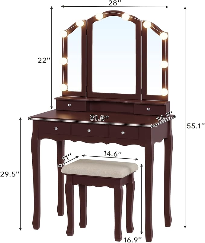 Tiptiper Vanity Desk, Makeup Vanity with Lighted Tri-Folding Mirror & Stool, Vanity Table Set with 10 LED Light Bulbs & 3 Color Lighting Modes, Makeup Table with 5 Storage Drawers, Brown