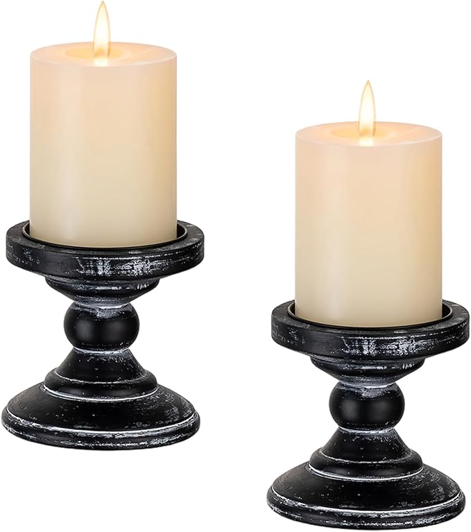 Wood Pillar Candle Holder: 2Pcs Rustic Black Candle Holders for Pillar Candles Wood Candle Holders Distressed Wooden Farmhouse Candle Holder Large Rustic Candle Holder for Fireplace Table