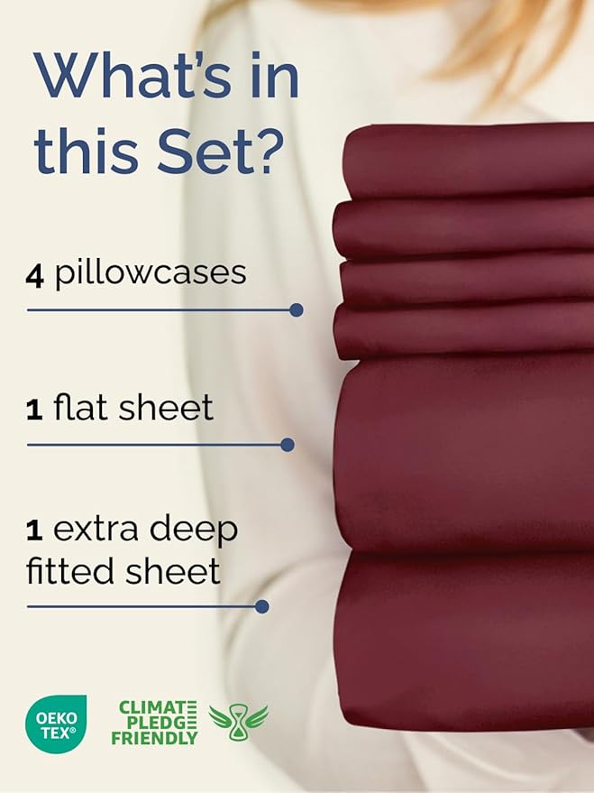 Extra Deep Queen Sheet Set - 6 Piece Breathable & Cooling Sheets - Hotel Luxury Bed Sheets Set - Easy & Secure Fit - Soft, Wrinkle Free & Comfy Sheets Set - Burgundy Sheet Set with Extra Deep Pockets