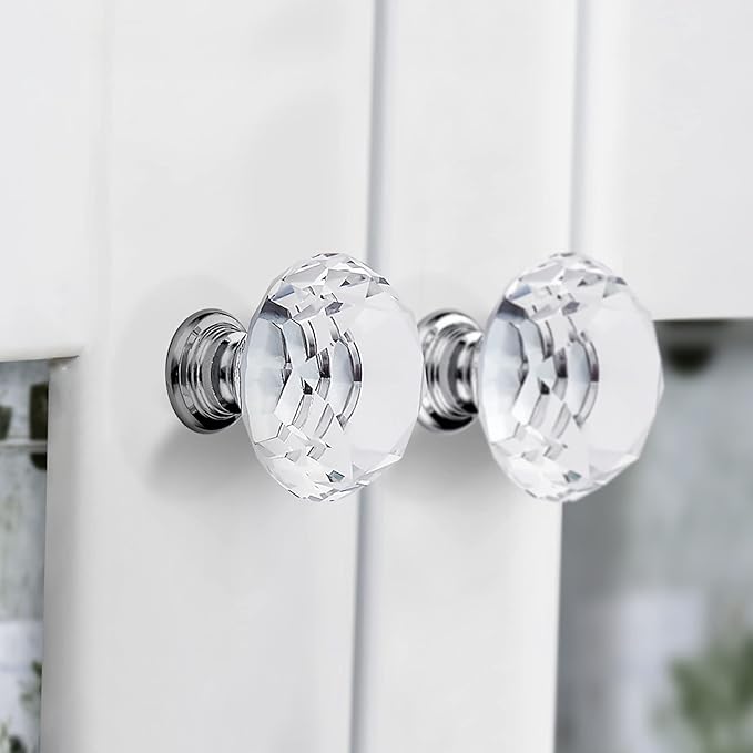 Ravinte Crystal Knobs for Dresser Drawers & Glass Cabinets - Diamond Shaped, 30 mm with Silver Base