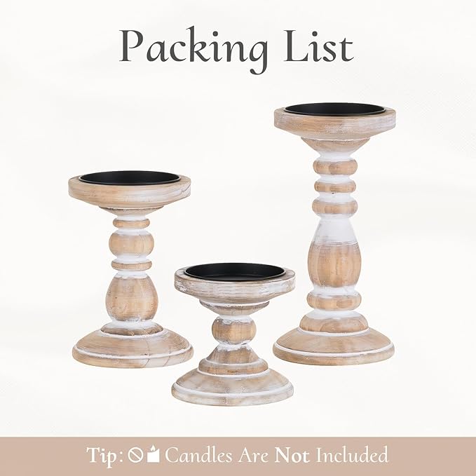 Wood Pillar Candle Holder: 3Pcs Rustic White Candle Holders for Pillar Candles Wood Candle Holders Distressed Wooden Farmhouse Candle Holder Large Rustic Candle Holder for Fireplace Table